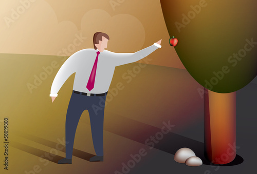 Business man picks fruit from forbidden tree