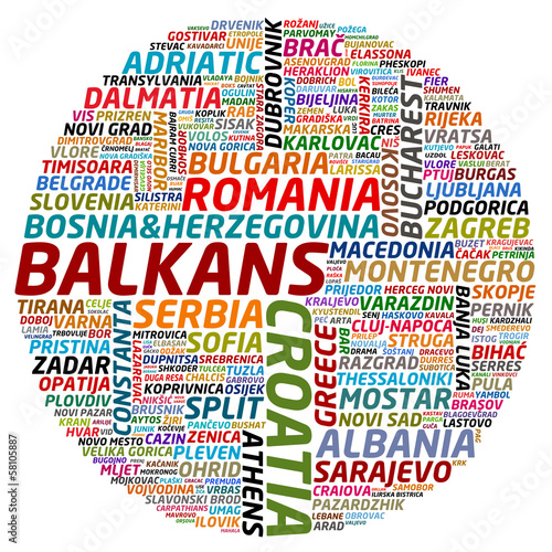 word collage of balkan countries and cities photo