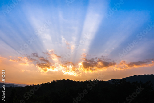 sunset over mountain, sunbeam, hope light