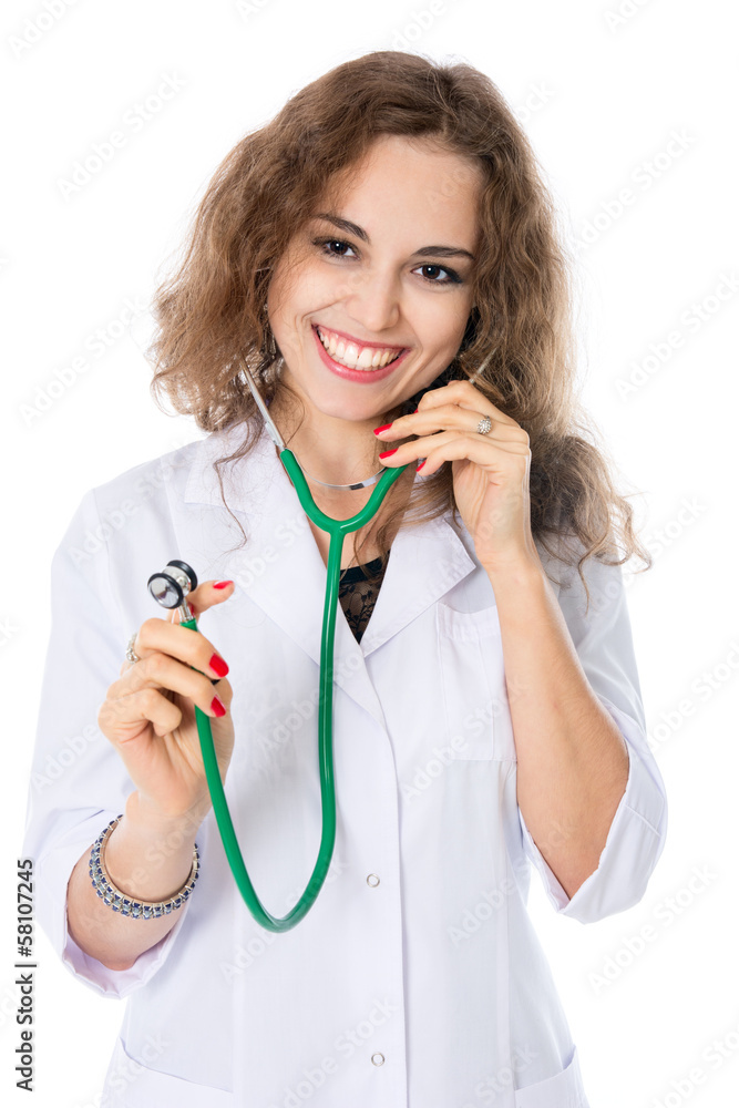 Cheerful girl doctor with stethoscope looking to the side. Cheerful girl doctor with stethoscope looking to the side.