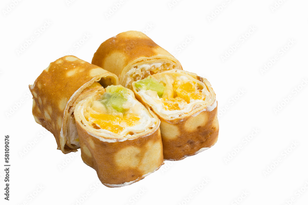 Sweet sushi roll isolated on white background Sweet sushi roll isolated on white background