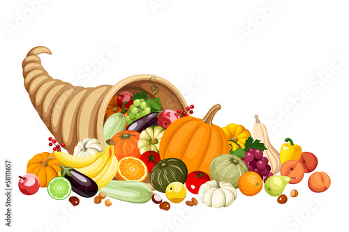 Autumn cornucopia (horn of plenty) with fruits and vegetables. photo