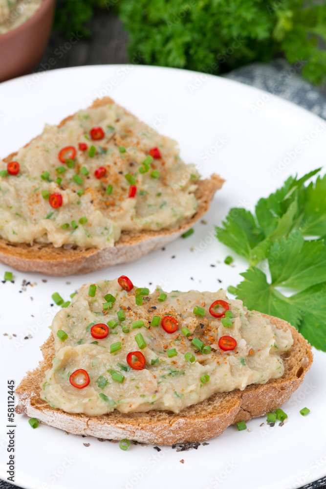 pate of white beans with spices on bread, close-up