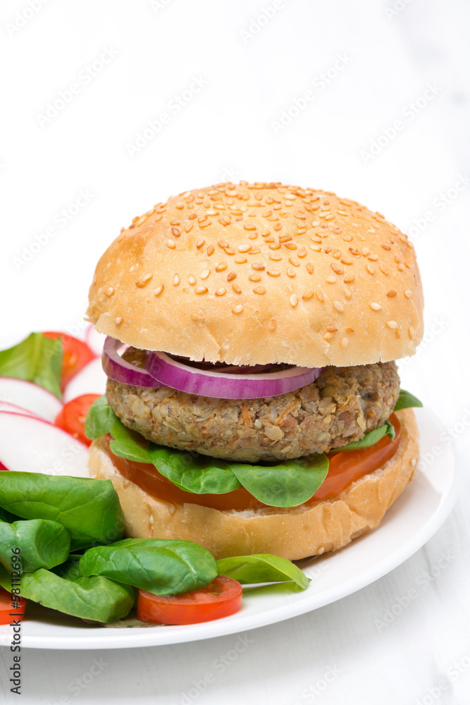 vegetarian burger with fresh salad, close-up vegetarian burger with fresh salad, close-up