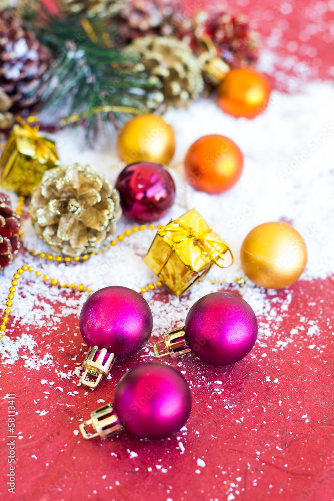 Christmas composition with garland, balls and bumps Christmas composition with garland, balls and bumps