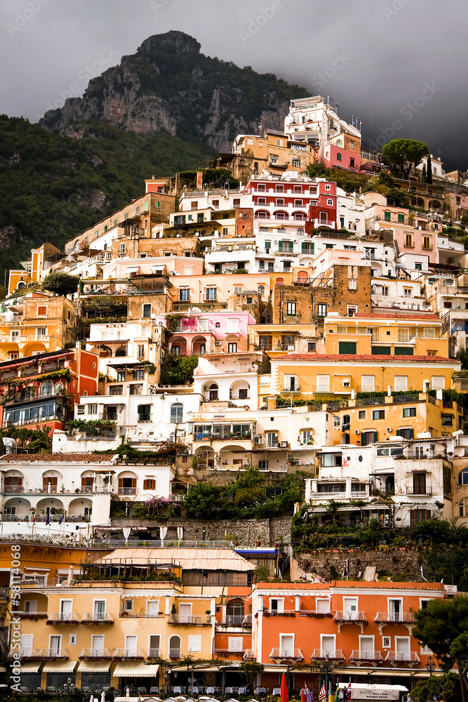 Vertical image of Positano with approaching storm