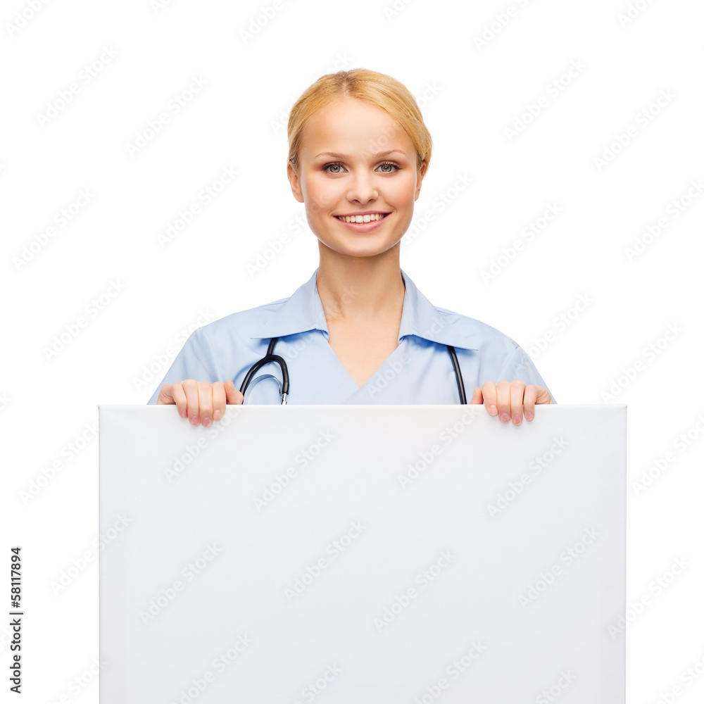 smiling female doctor or nurse with blank board smiling female doctor or nurse with blank board