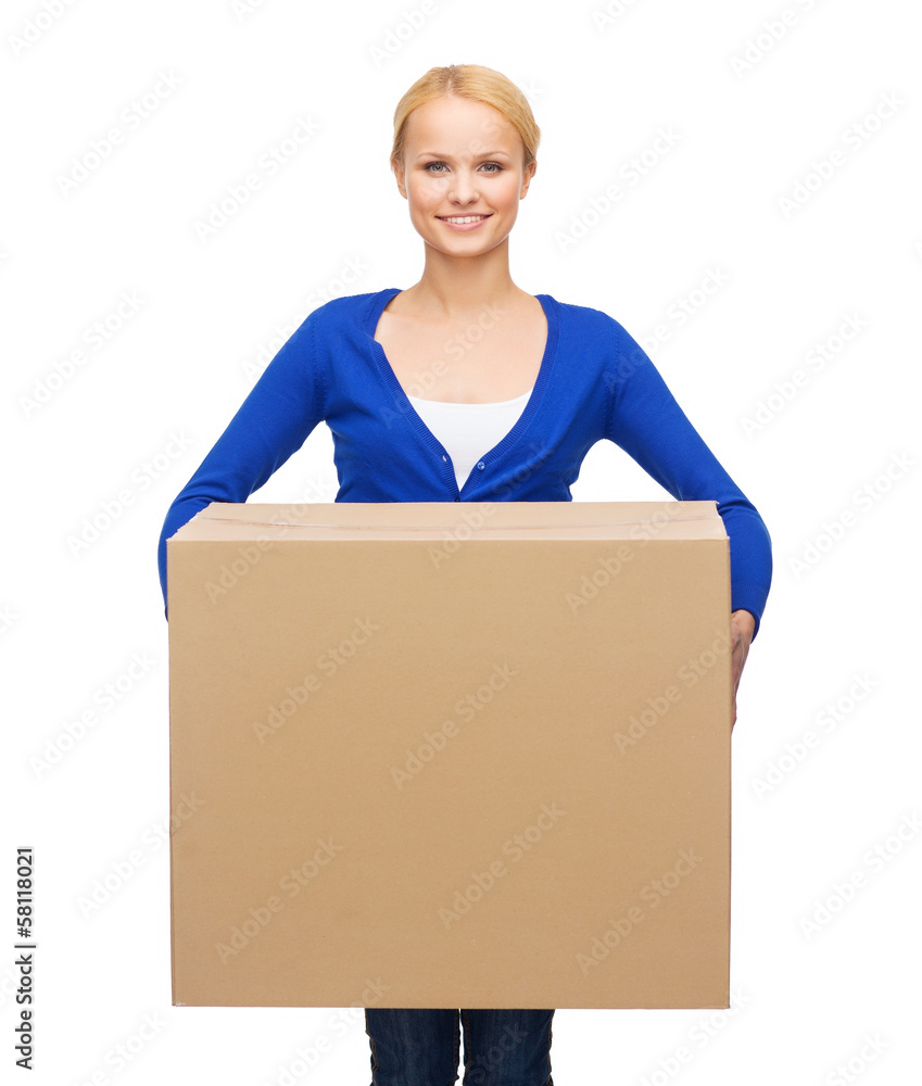 smiling woman in casual clothes with parcel box smiling woman in casual clothes with parcel box