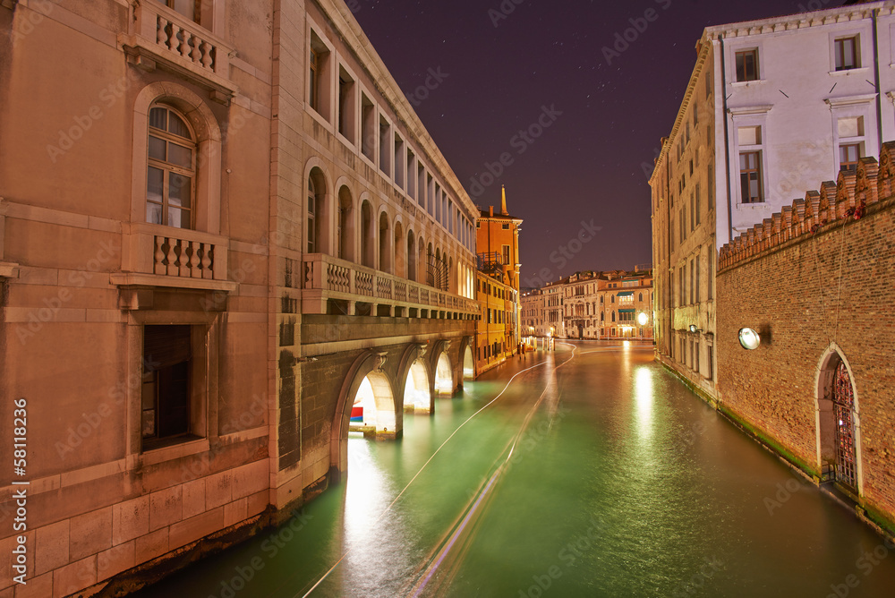 Venice Long exposure By Night. Blurred motion on sea movement.