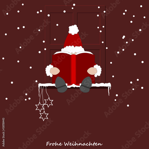 Santa Claus sitting on the window sill and reading a book