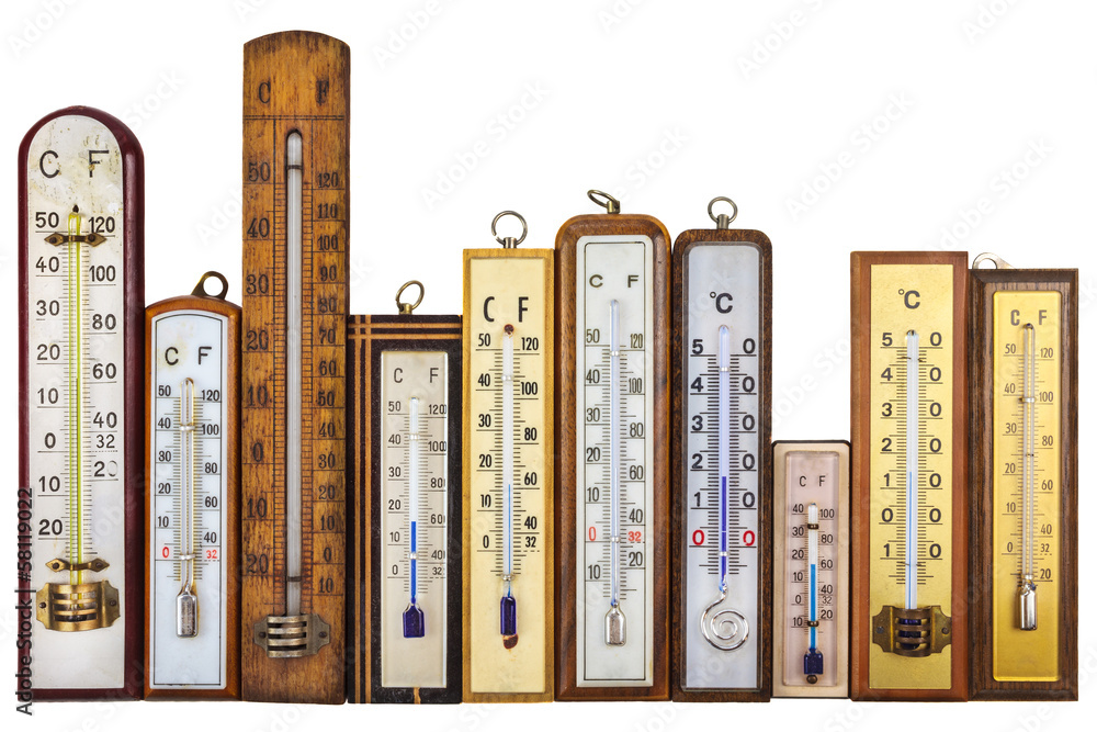Set of retro thermometers isolated on white - obrazy, fototapety, plakaty 