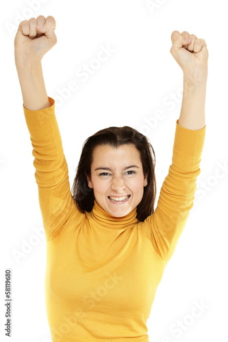 Close-up of a young woman raising her arms