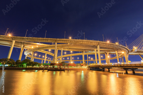 night light bridge with river at bangkok thailand