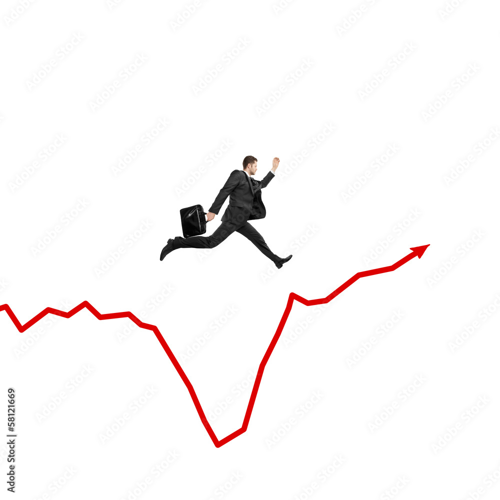 businessman jumping on graph businessman jumping on graph