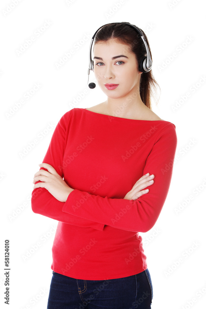 Attractive young woman on call centre, headphones. Attractive young woman on call centre, headphones.
