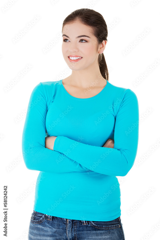 Beautiful woman standing and looking up into copy space. Beautiful woman standing and looking up into copy space.