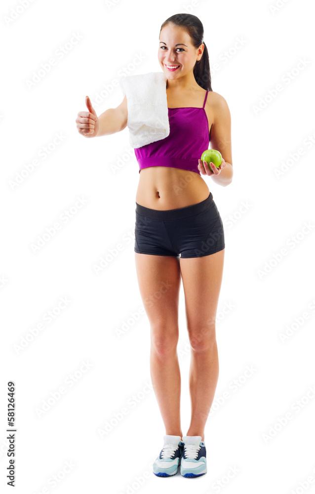 Young sporty girl with towel and apple Young sporty girl with towel and apple