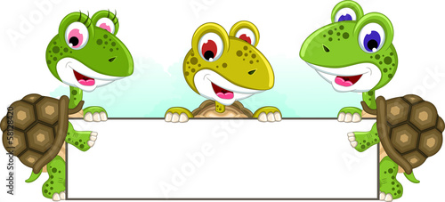 cute turtle cartoon holding balnk sign together