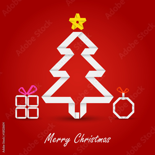 Christmas card with folded paper tree on a red background