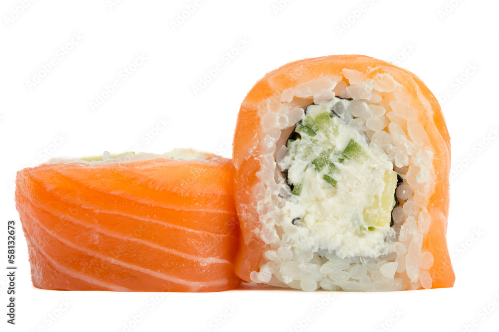 sushi roll with salmon isolated on white background sushi roll with salmon isolated on white background