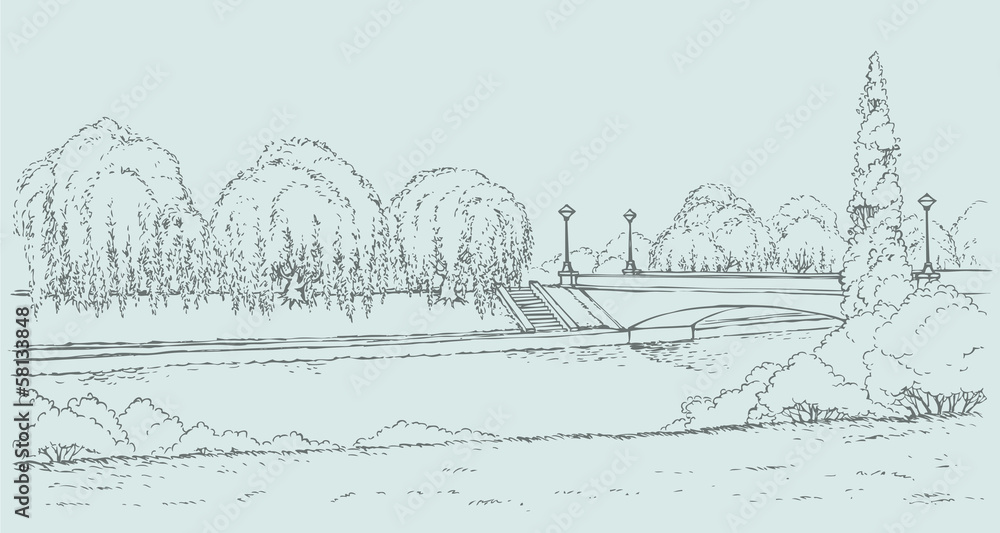Vector landscape. Park with a bridge over the river and lush wil Vector landscape. Park with a bridge over the river and lush wil