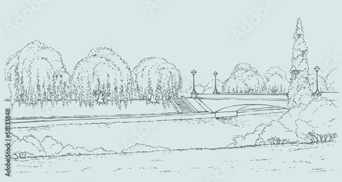 Vector landscape. Park with a bridge over the river and lush wil