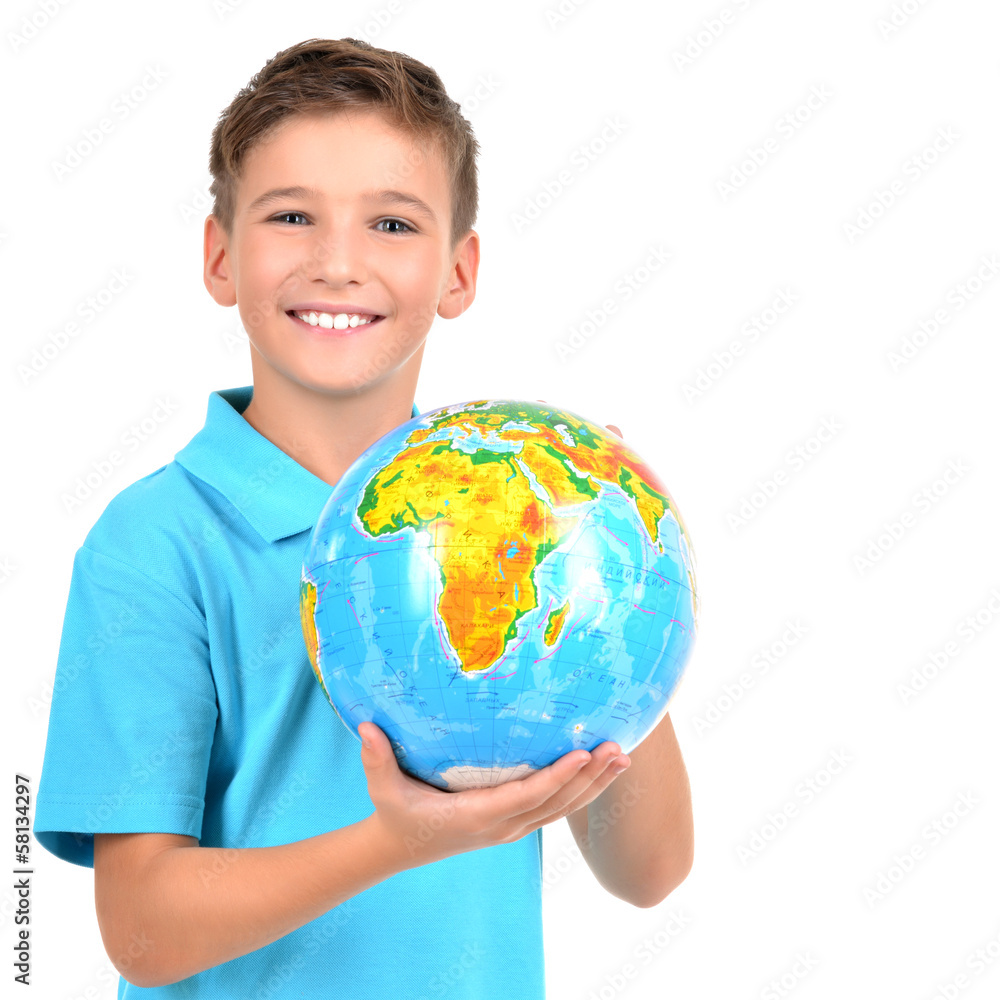 Smiling boy in casual holding globe in hands Smiling boy in casual holding globe in hands