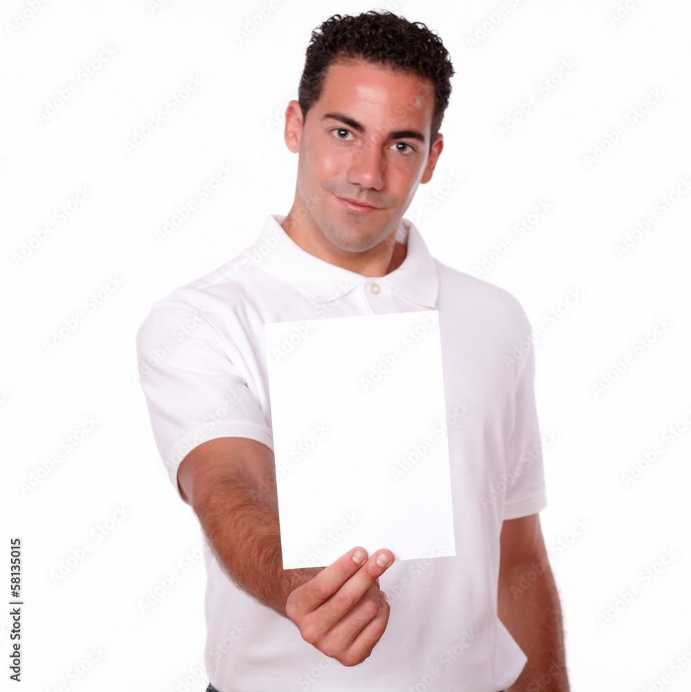 Hispanic man holding a white card Hispanic man holding a white card