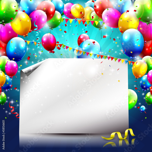 Colorful birthday background with balloons and empty paper