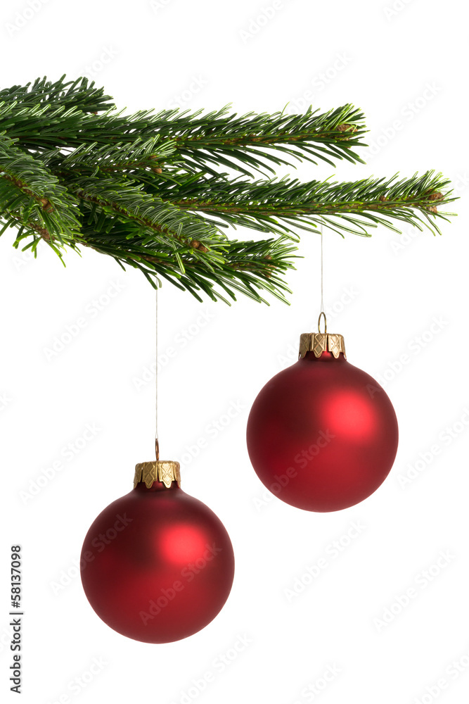 rote Christbaumkugeln am Tannenzweig rote Christbaumkugeln am Tannenzweig