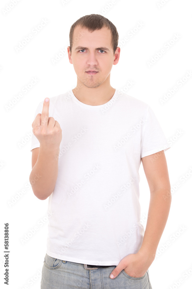 young man showing middle finger isolated on white young man showing middle finger isolated on white