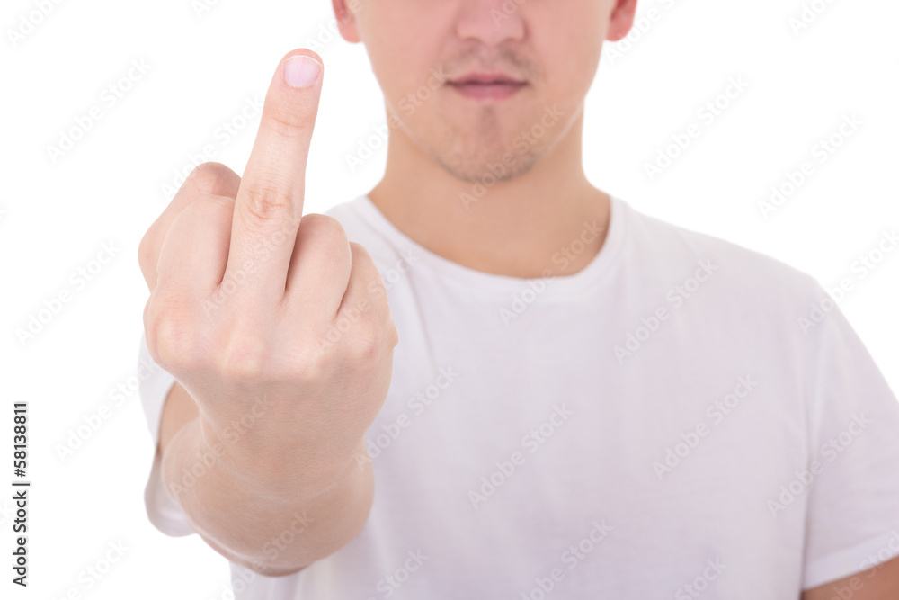 close up of young man showing middle finger isolated on white close up of young man showing middle finger isolated on white