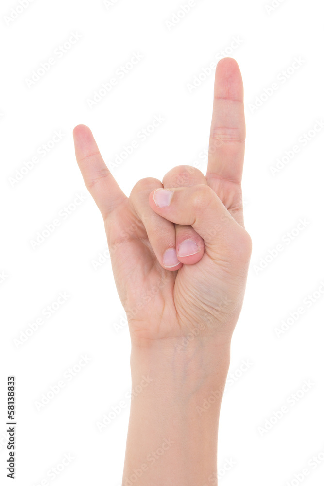 male hand showing heavy metal rock-n-roll sign isolated on white male hand showing heavy metal rock-n-roll sign isolated on white