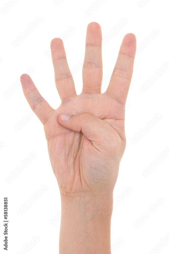 male hand showing four fingers isolated on white male hand showing four fingers isolated on white