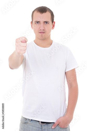 young man in white T-shirt showing a fig isolated on white backg
