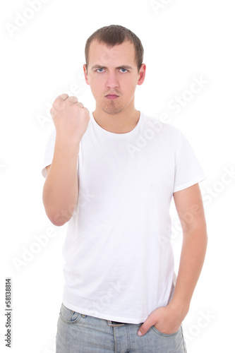 man in white t-shirt showing his fist