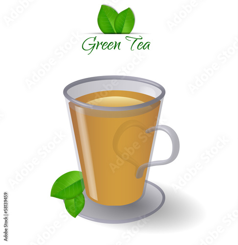 Green tea glass cup and green leaves - Vector