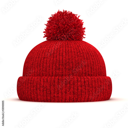 3d red knitted winter cap on white background photo