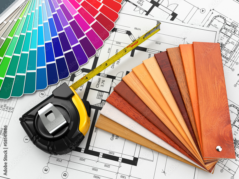 interior design. Architectural materials tools and blueprints Stock ...