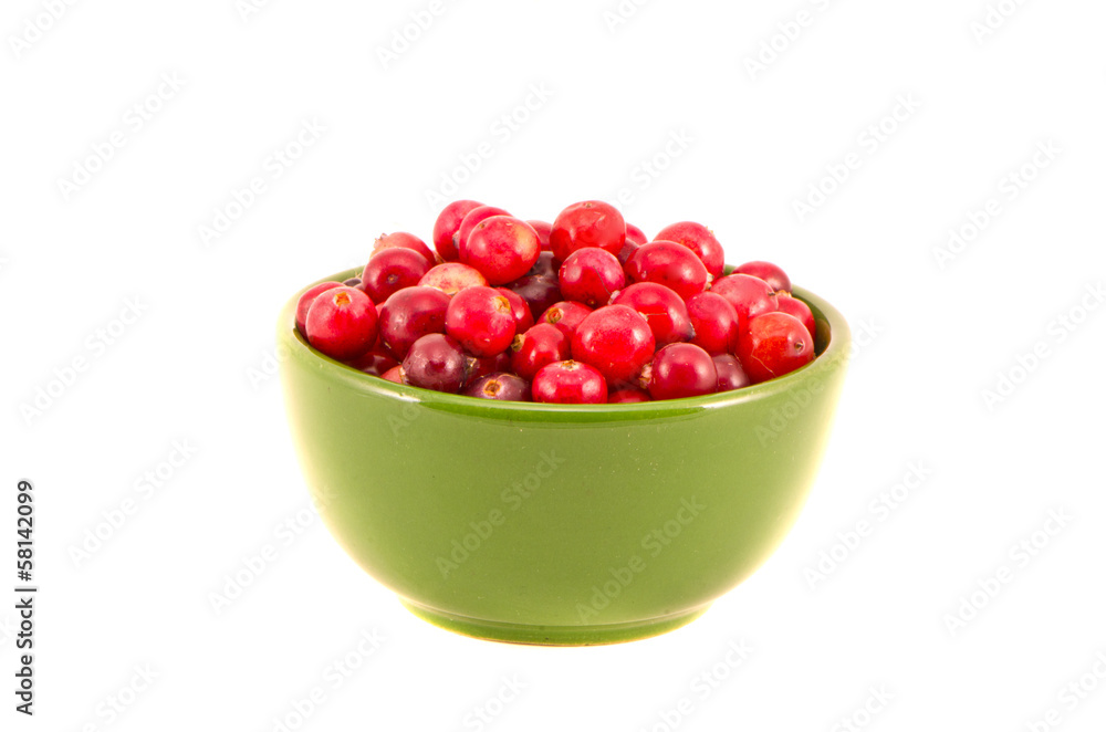 green bowl with ripe cranberries isolated on white green bowl with ripe cranberries isolated on white