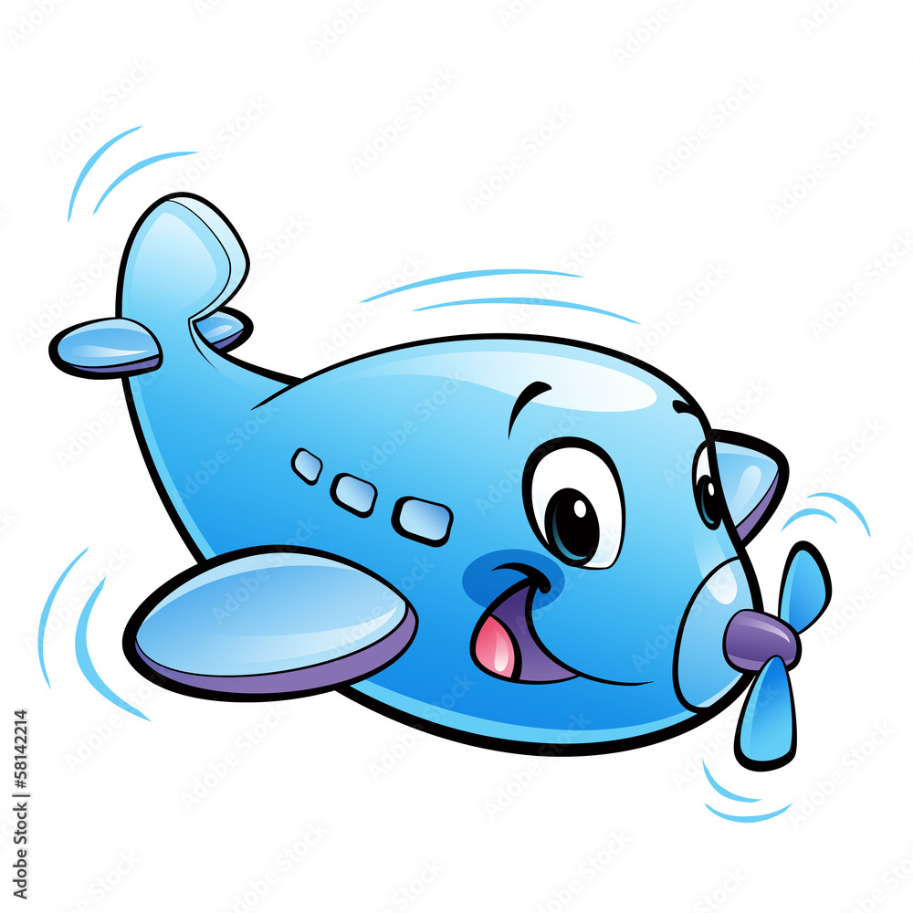 Obraz premium Baby cute cartoon blue airplane character with propeller flying