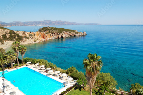 Swimming pool at the beach of luxury hotel, Crete, Greece