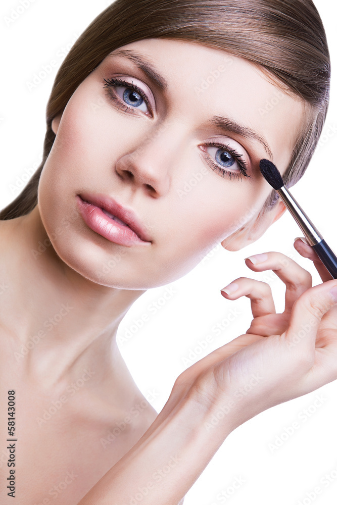 natural beautiful woman with cosmetic brush natural beautiful woman with cosmetic brush
