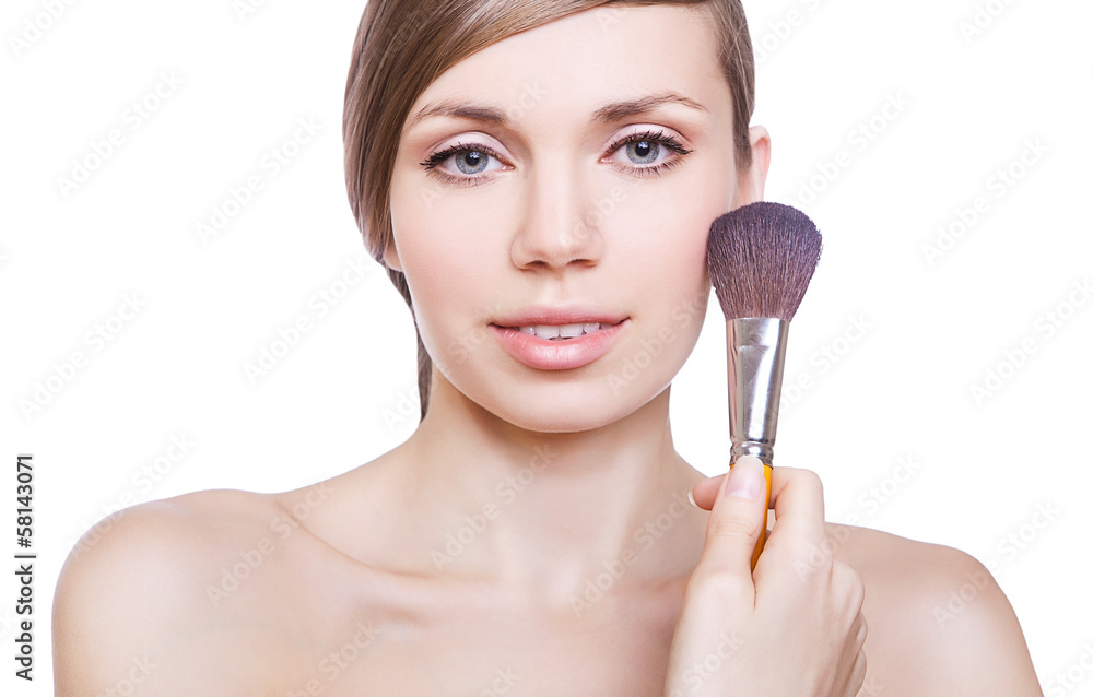 natural smiling woman with brush on cheek natural smiling woman with brush on cheek