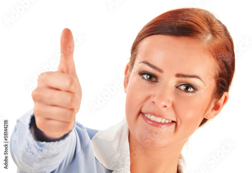 Young woman showing ok gesture isolated on white