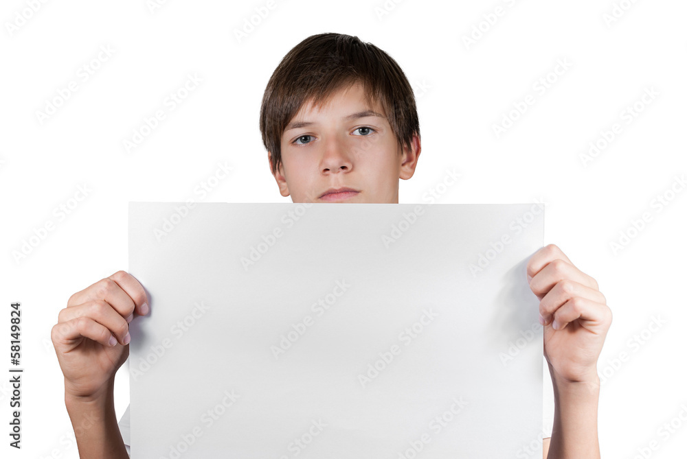 Smart boy with sheet of paper isolated on white Smart boy with sheet of paper isolated on white