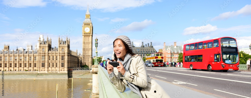 Naklejka premium London travel banner - woman and Big Ben