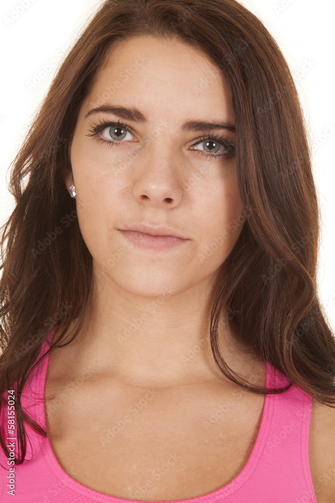 Woman close pink serious eyes Woman close pink serious eyes