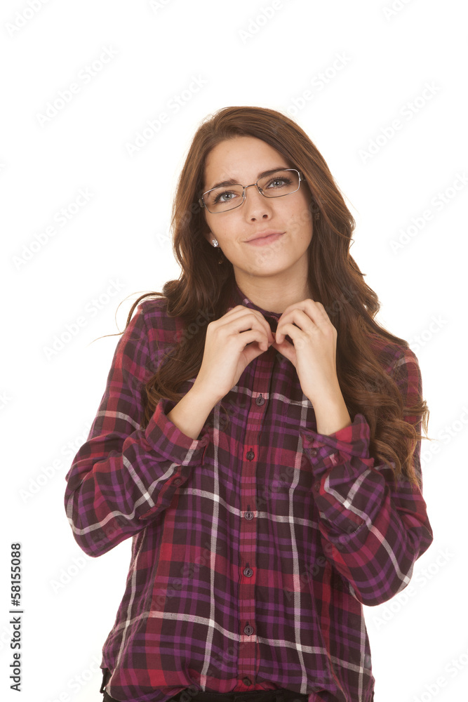 Woman plaid shirt glasses button top Woman plaid shirt glasses button top