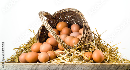 Chicken eggs in basket isolated. Organic food